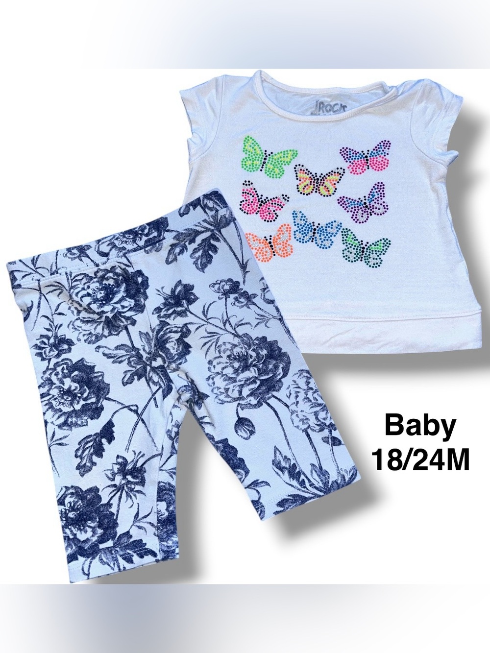White Butterfly Tee & Navy Floral Leggings Baby Outfit Size 18-24 Months